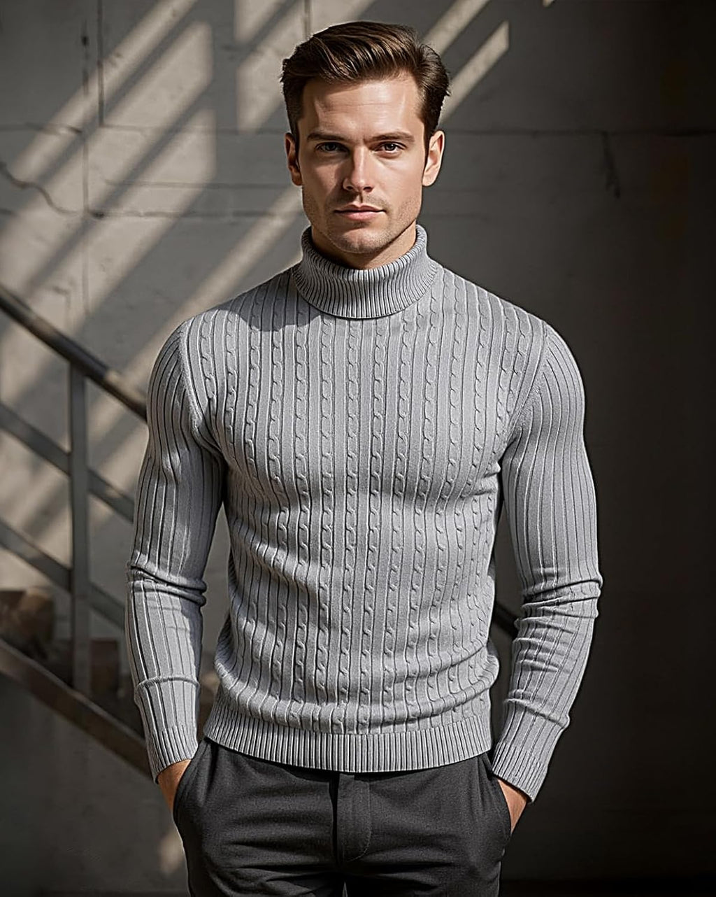 Mens Slim Fit Turtleneck Sweater Cable Knit Thermal Pullover Sweater