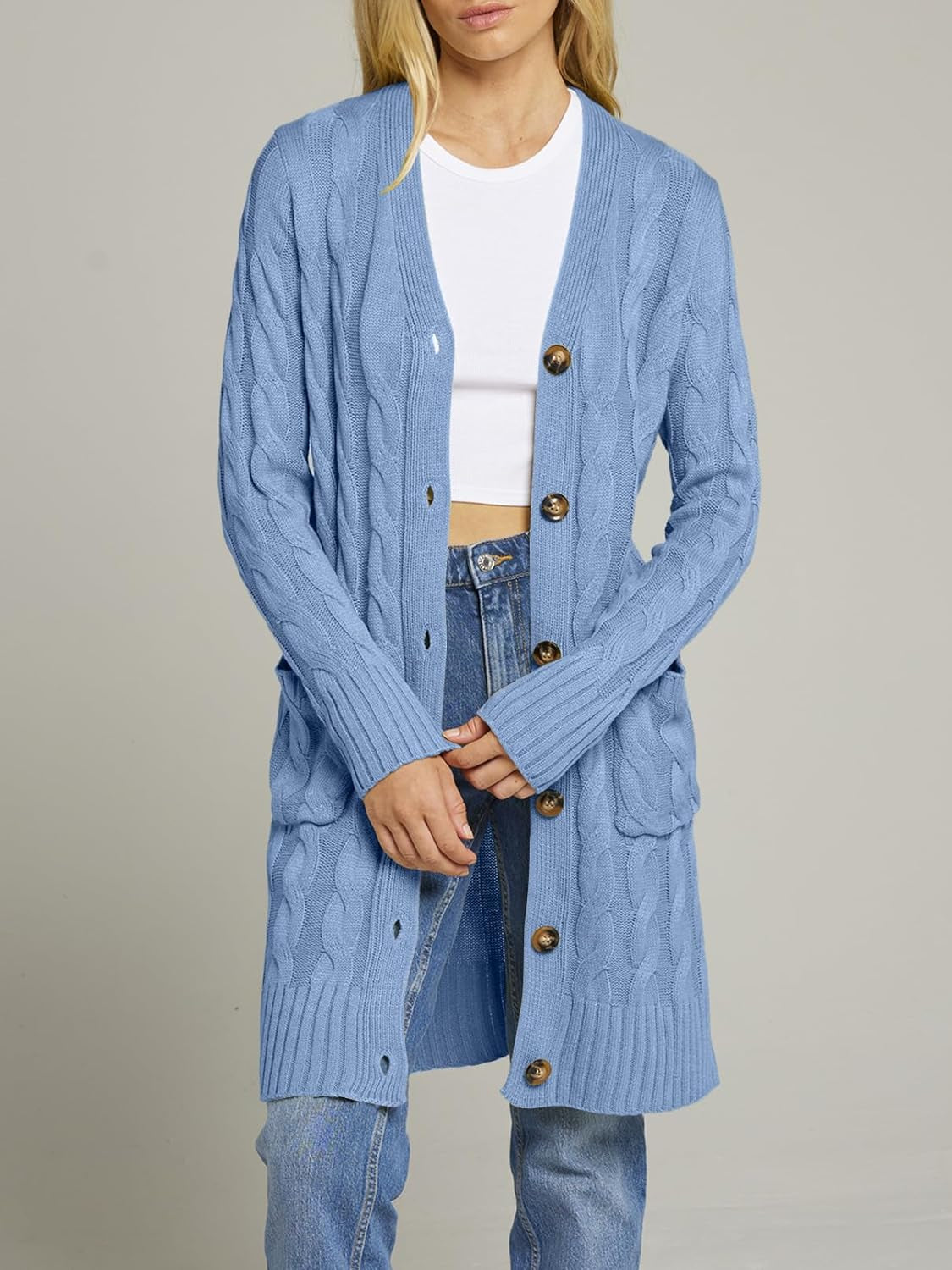 Women'S 2024 Long Sleeve Cable Knit Long Cardigan Open Front Button Sweater Outerwear Blue