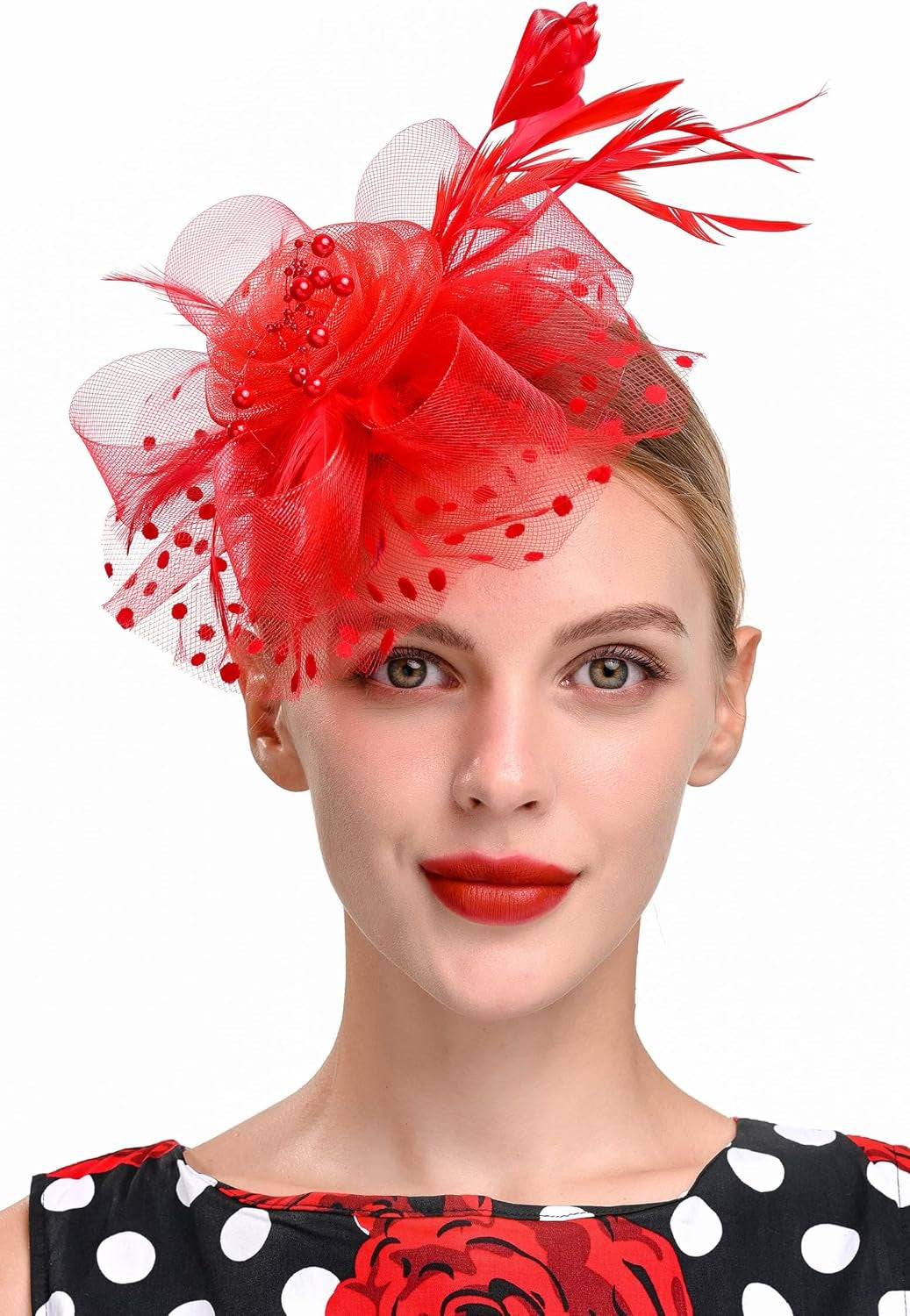 Red Fascinators Hat for Women Tea Party Headband Kentucky Derby Wedding Cocktail Flower Mesh Feathers Hair Clip