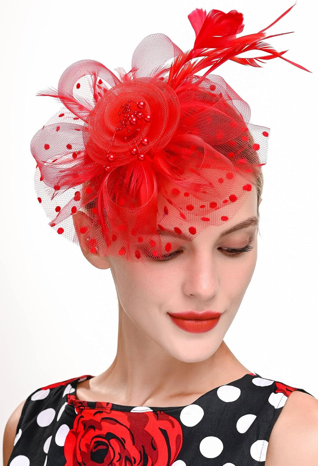 Red Fascinators Hat for Women Tea Party Headband Kentucky Derby Wedding Cocktail Flower Mesh Feathers Hair Clip