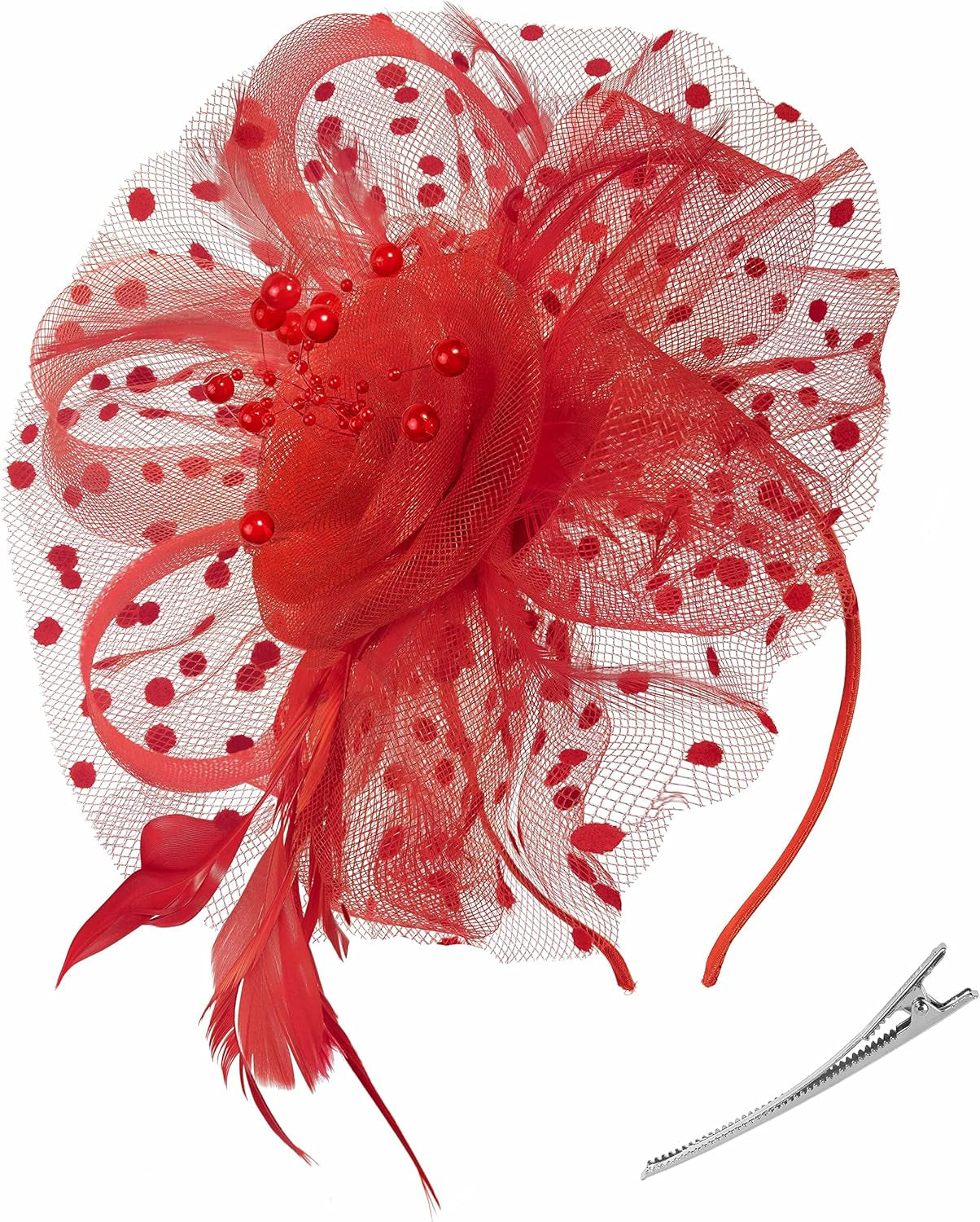 Red Fascinators Hat for Women Tea Party Headband Kentucky Derby Wedding Cocktail Flower Mesh Feathers Hair Clip