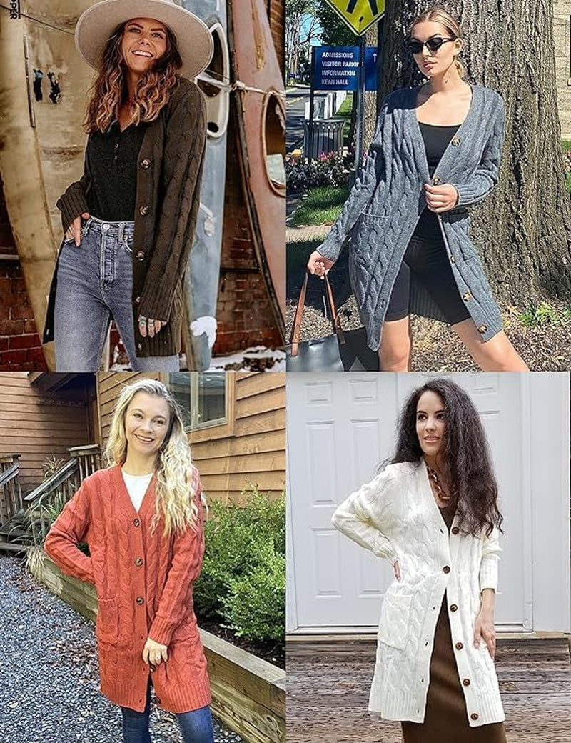 Women'S 2024 Long Sleeve Cable Knit Long Cardigan Open Front Button Sweater Outerwear Blue